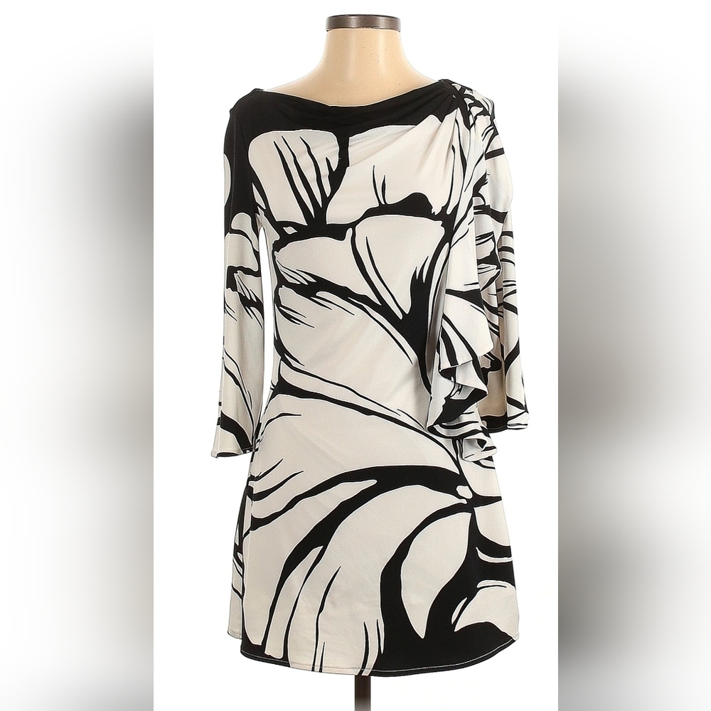 White House Black Market Black & White Draped Floral Tunic Mini Dress